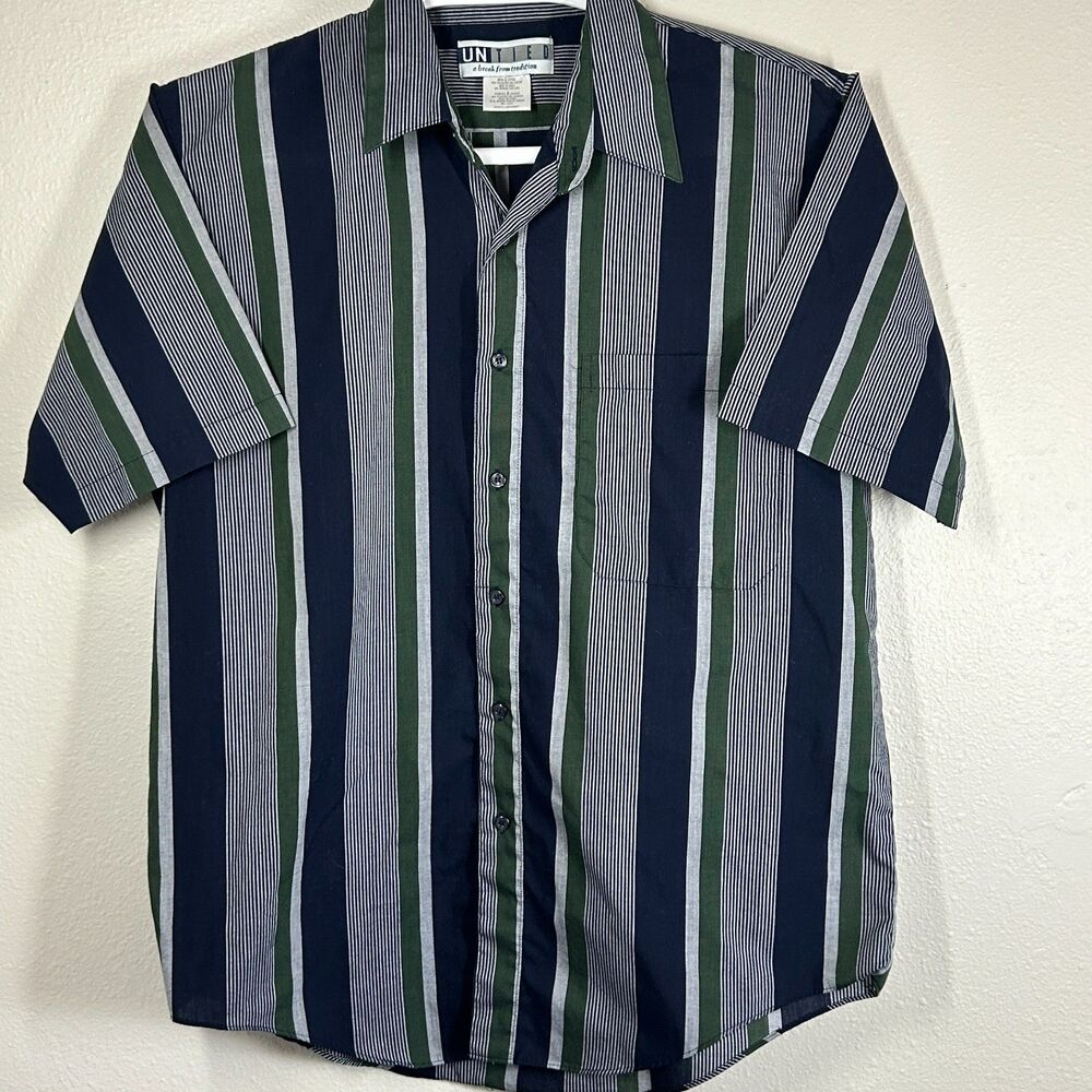 UNITED Striped Short Sleeve Button Down Shirt Size Large Navy Green White